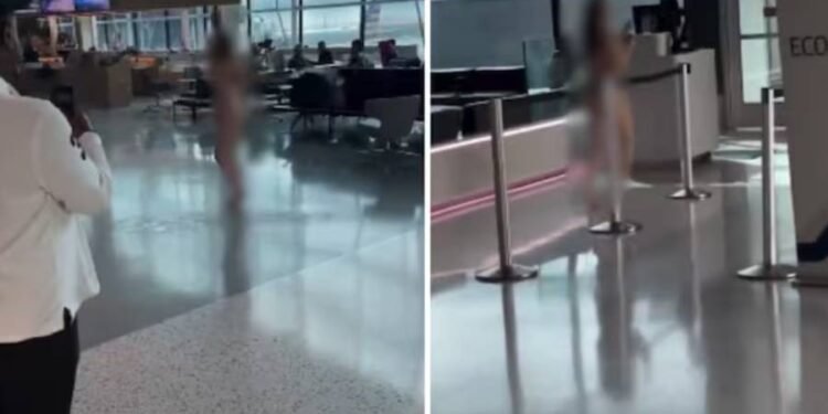 விமான நிலையத்திற்கு நிர்வாணமாக வந்த பெண் – ஒருவரை கடித்தும், இருவரை குத்தியும் காயப்படுத்தியுள்ளார்